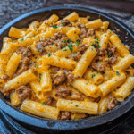 Creamy Cheesy Garlic Butter Rigatoni with Savory Beef