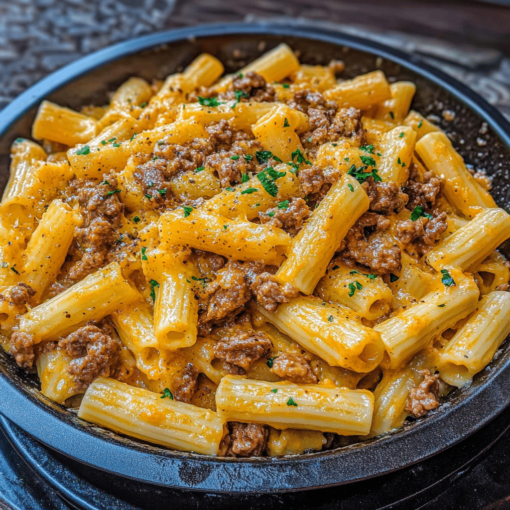 Creamy Cheesy Garlic Butter Rigatoni with Savory Beef