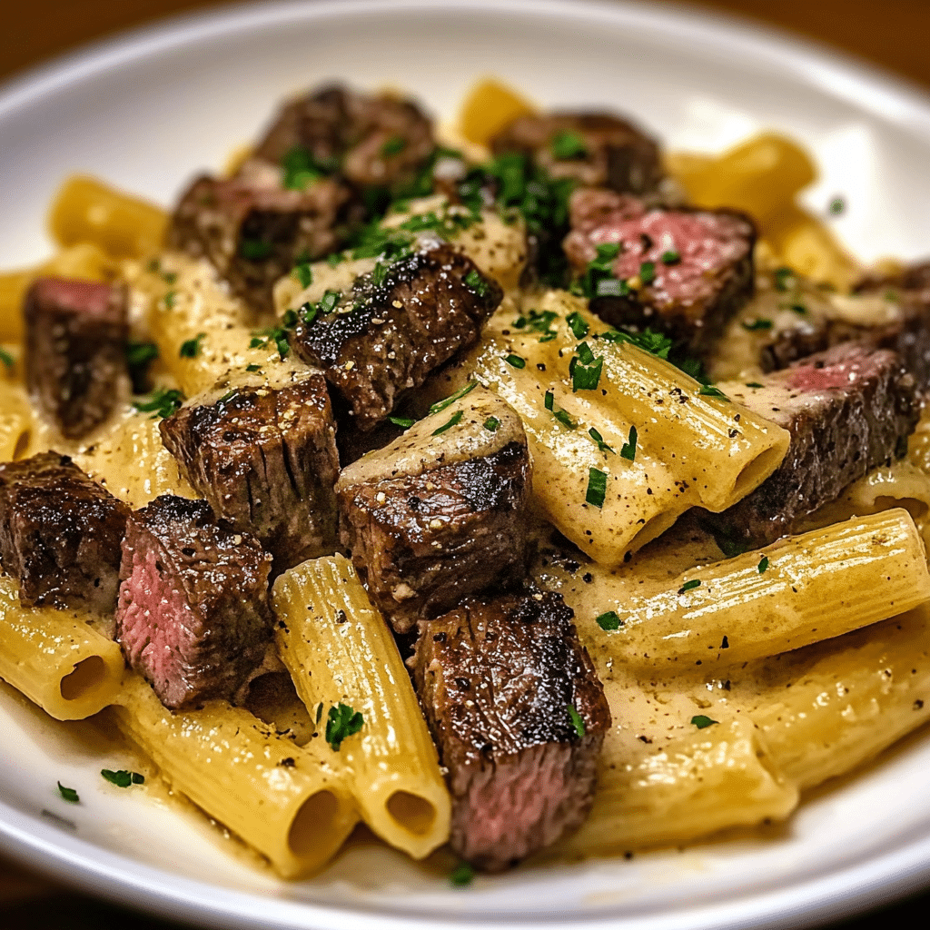 Garlic Butter Steak Tips with Cheesy Rigatoni